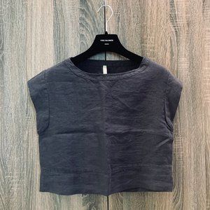 S Fluxus Black Linen Boxy Crop Top Cap Sleeves